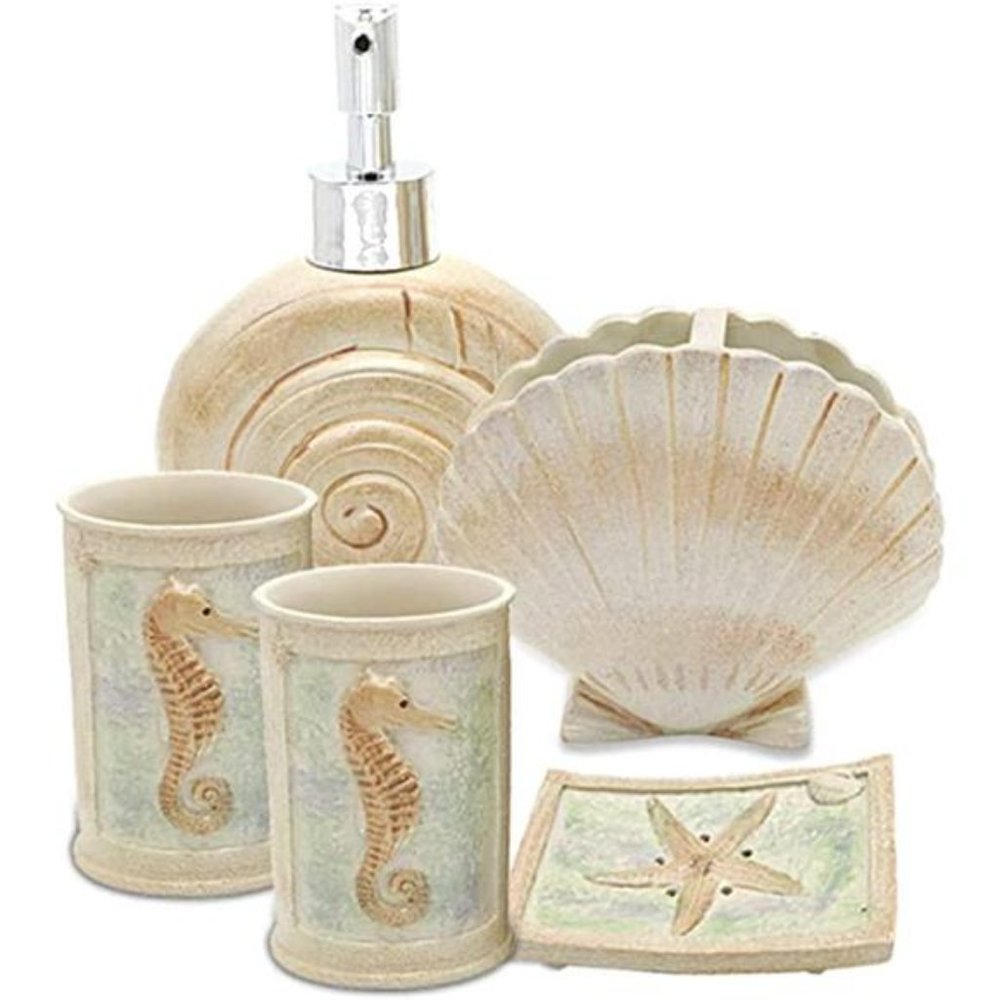 bathroom accessory Set,5 PCS Beach Seashells Ensemble Set Includs Soap Dispenser